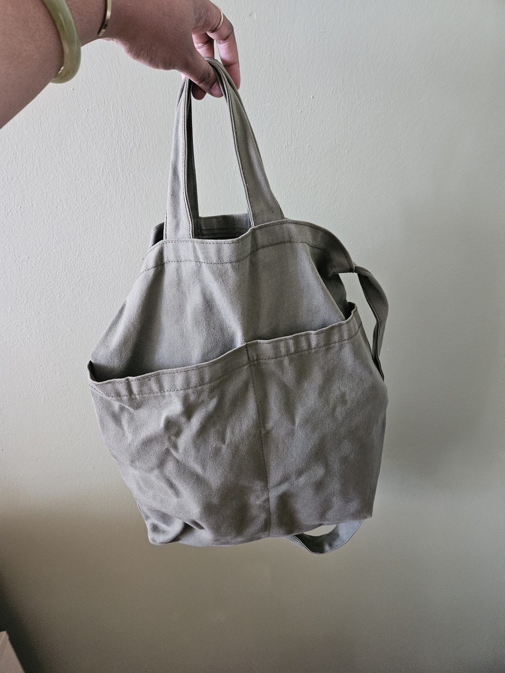 Large Canvas Tote Bag in Light Green with Front Pockets